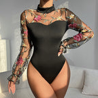 Embroidered Mesh Puff Sleeve Sheer Cutout Long Sleeve Women Clothing Sexy Slim Jumpsuit