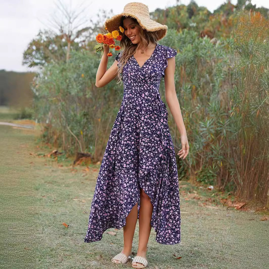 Women's Bohemian V-Neck Tie Vacation Dress