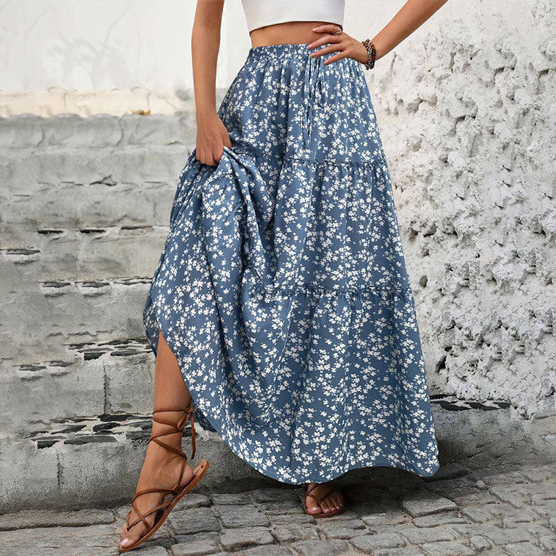 Floral Belt Three Layer Long Patchwork A Line Skirt