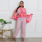 Women's Cold Shoulder Mesh Printed Bell Sleeve Top
