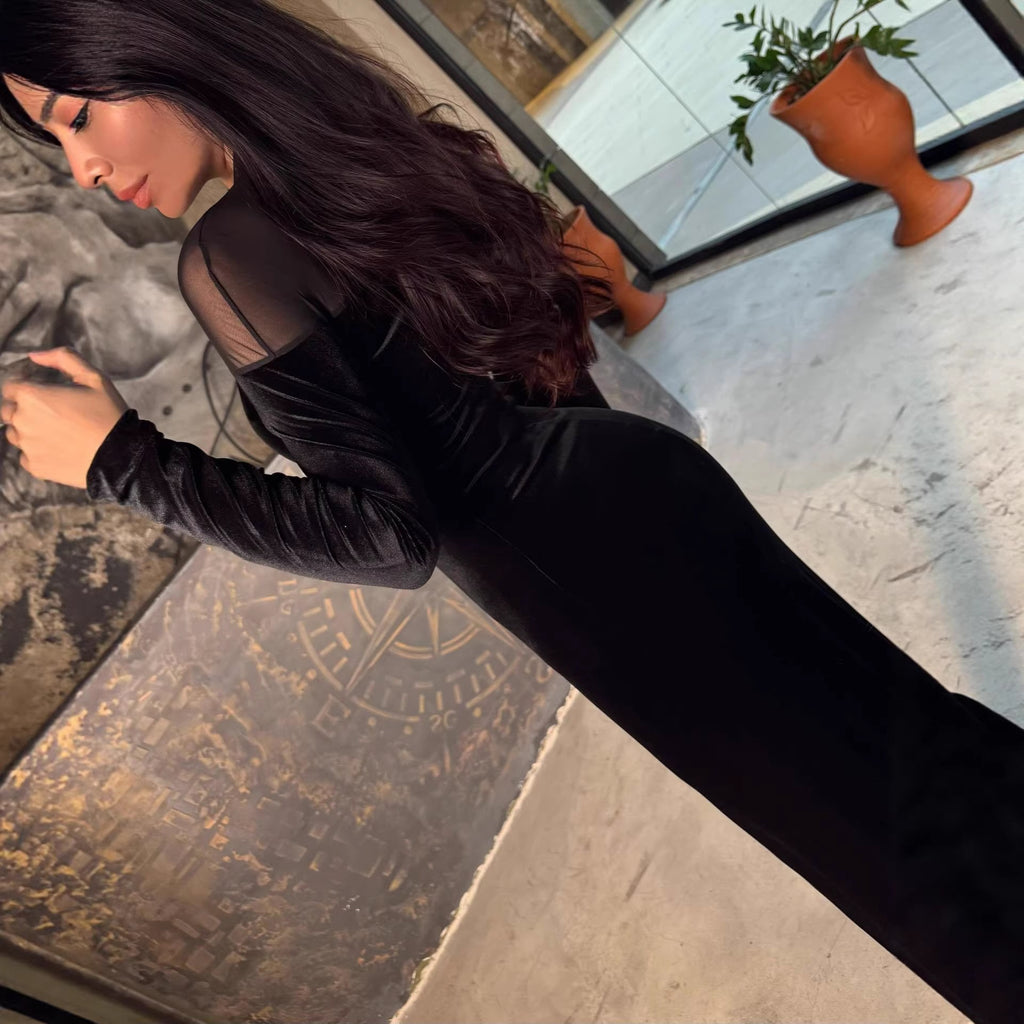 Women's Velvet Lace-Panel Long Sleeve Maxi Dress