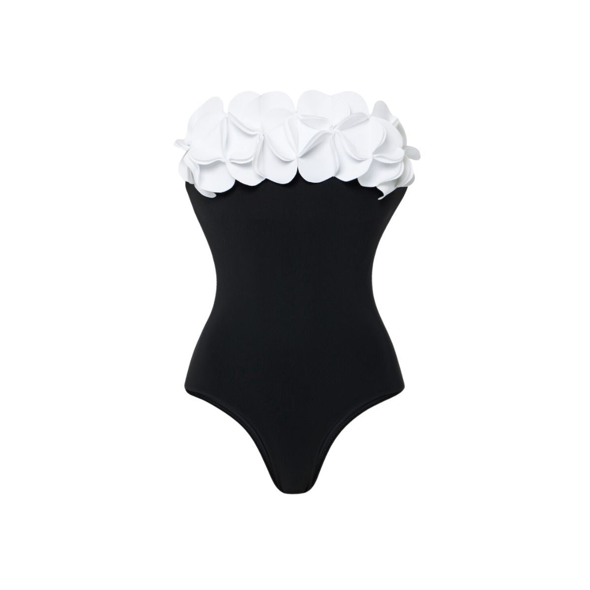 Black one-piece swimsuit with strapless neckline and white layered flower ruffle