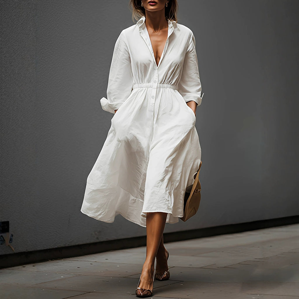 White button-front V-neck pleated dress, belted waist, elbow-length sleeves