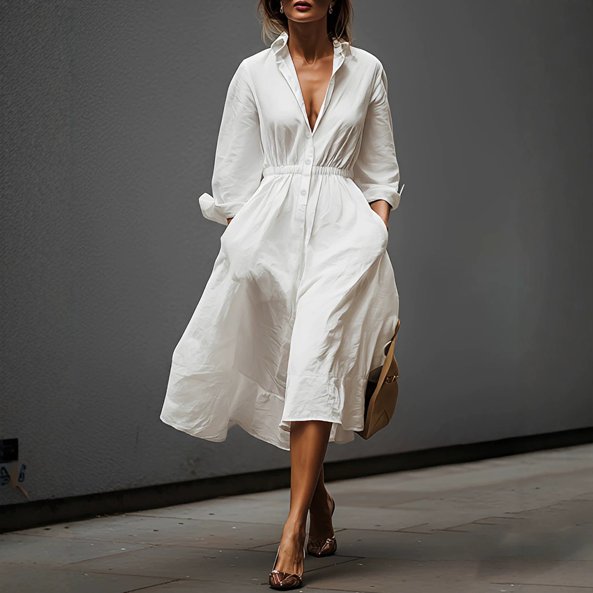 White button-front V-neck pleated dress, belted waist, elbow-length sleeves
