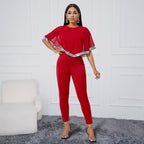 Women's Sequ Stitching Tight Jumpsuit Red Dress Slim Fit
