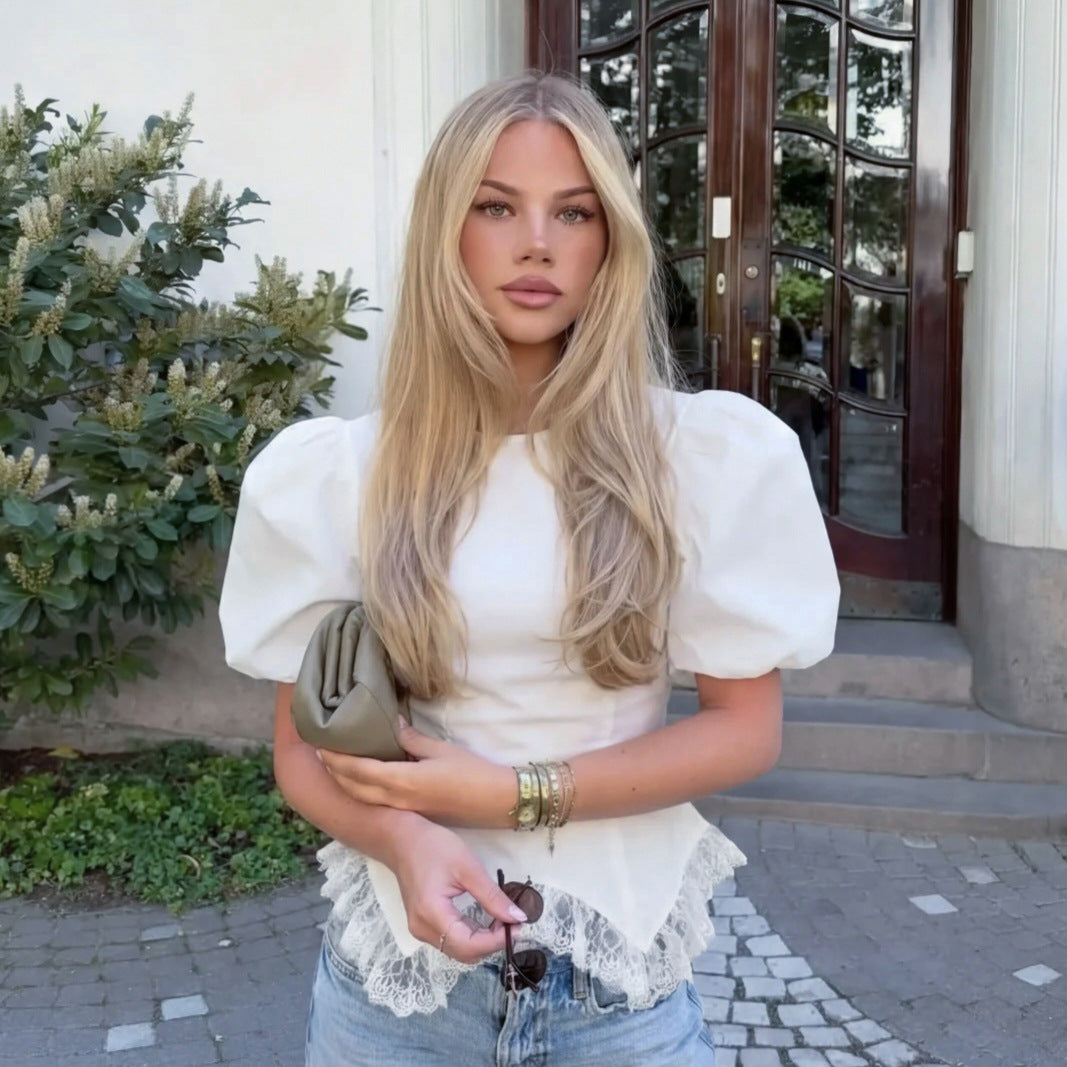 Women’s white fitted blouse with puff sleeves and lace-trim asym peplum hem