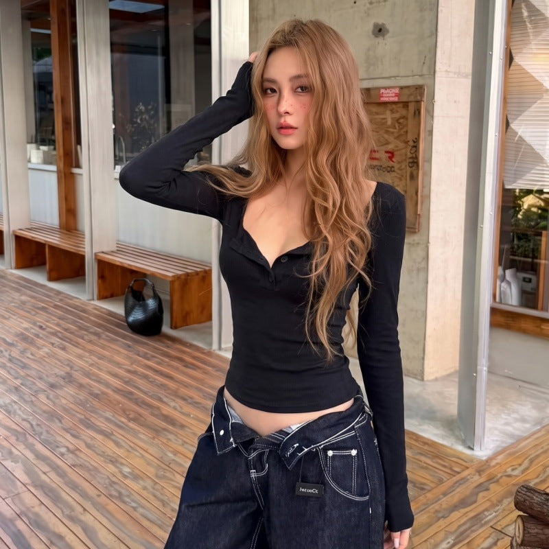 Women's Button Square-Neck Long-Sleeve Top