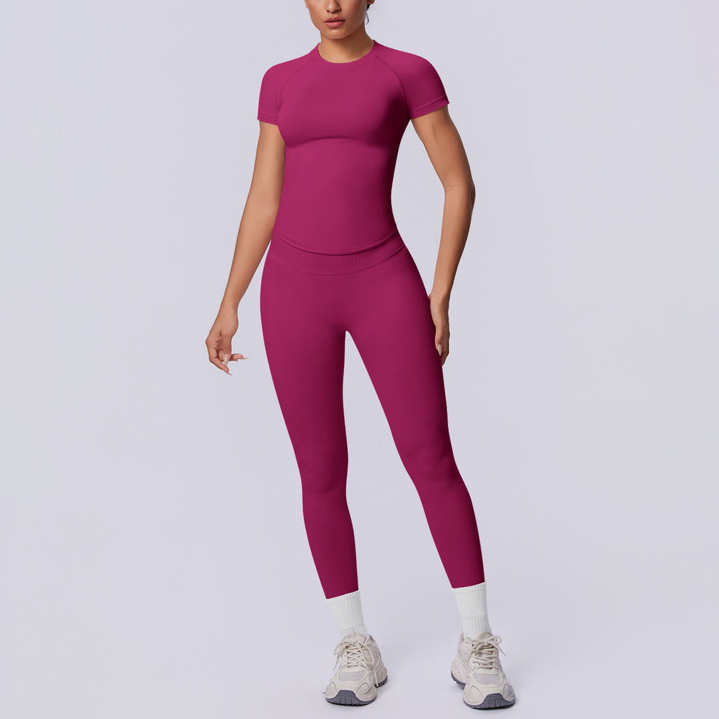 Seamless Knitted Short Sleeved Trousers Solid Color Three Section Waist Peach Hip Breathable Hip Raise Fitness Pants Yoga Set Women