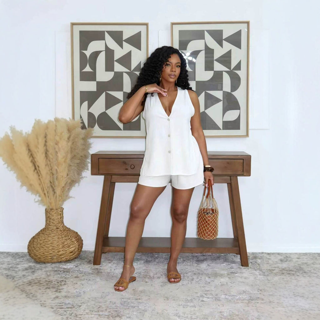 Elegant Casual Office V neck Split SL Two Piece Vest Set