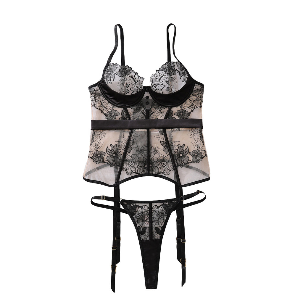 Embroidery See through Stitching Body Shaping Steel Ring Push up Sexy Split Set