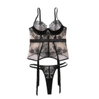 Embroidery See through Stitching Body Shaping Steel Ring Push up Sexy Split Set