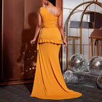 Women's One Shoulder Solid Color Slim Fit Tied Split Sleeveless Small Trailing Evening Dresses