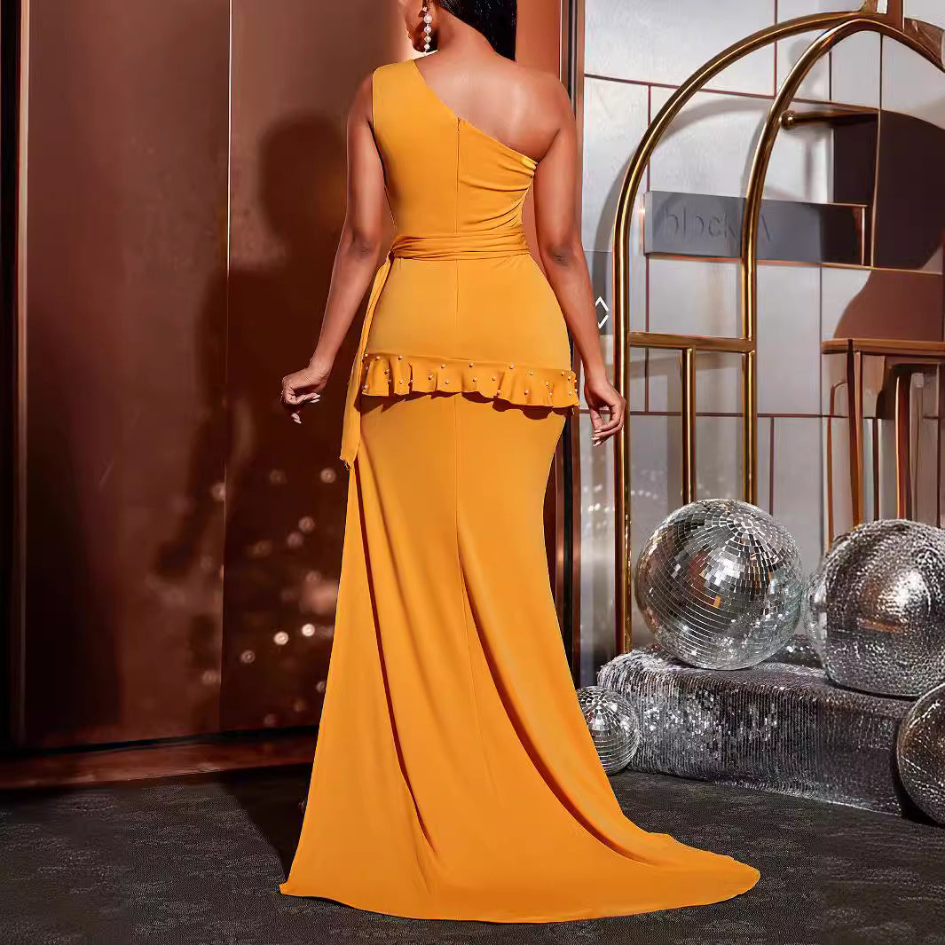 Women's One Shoulder Solid Color Slim Fit Tied Split Sleeveless Small Trailing Evening Dresses