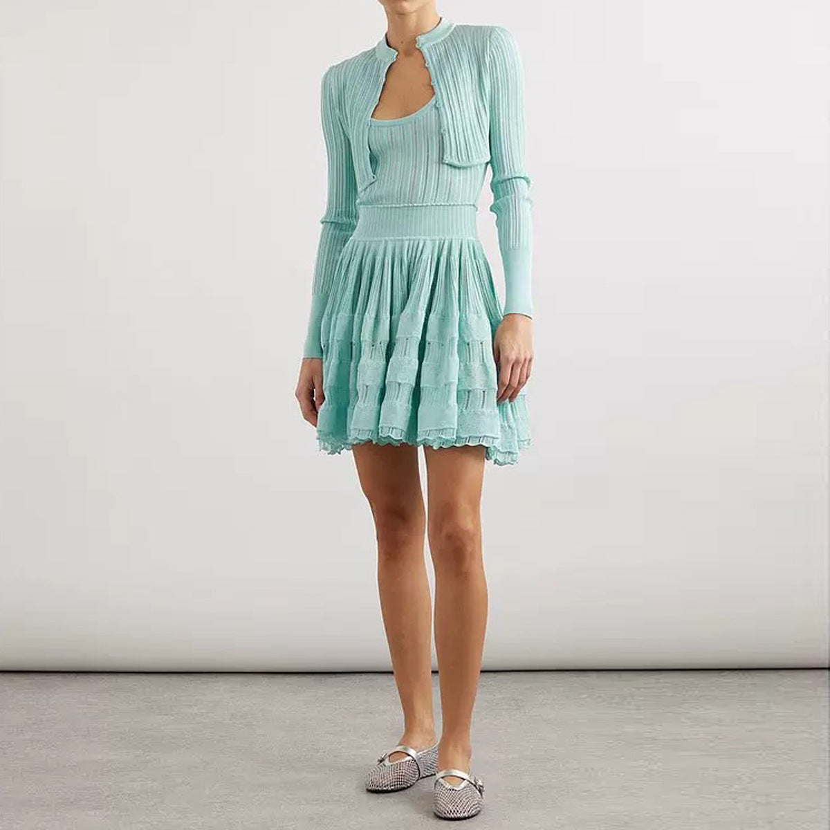 Button-Detail Long-Sleeve Knit A-Line Mini Dress