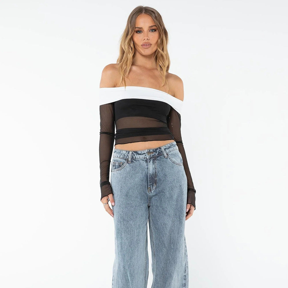 Women’s Zebra Print Sheer Mesh Off Shoulder Crop Top