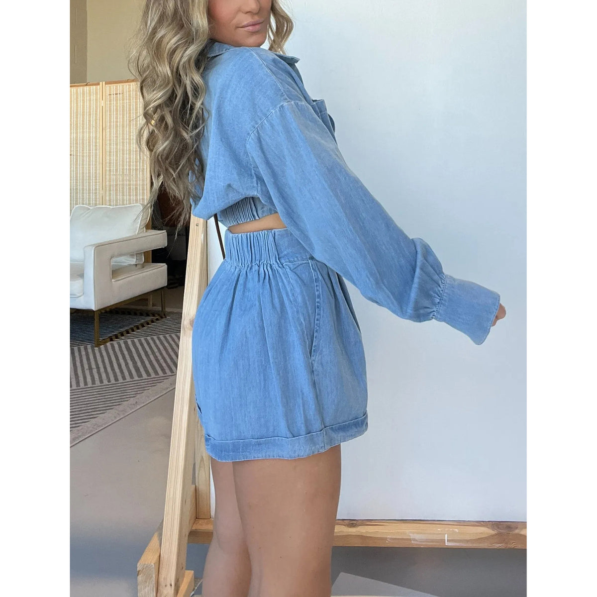 Women's Wear Denim Shirt Deep V Plunge Long Sleeve Shorts Sets