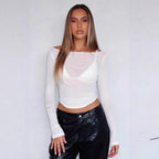 Women’s Black Sheer Mesh Off Shoulder Cropped Top