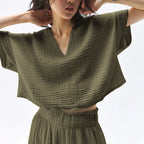 Women's Short Cotton Yarn V Neck T-Shirt Beauty Thin Loose Basic