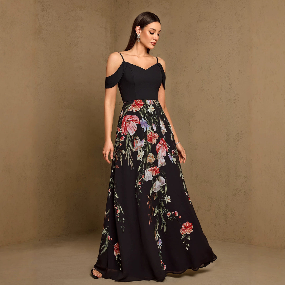 Women's Black Floral V-Neck Maxi Dress