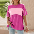 Women's Clothing Spring Summer Pullover Crew Neck Casual Striped Contrast Color Short Sleeve T Shirt For Women