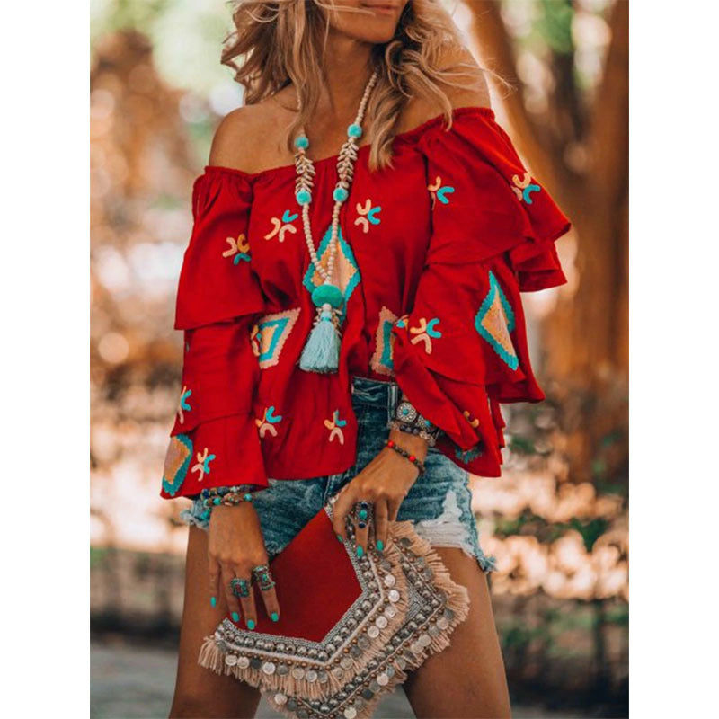 Women's Clothing Bohemian Long Sleeved Shirt Women Autumn Red Casual Women Top