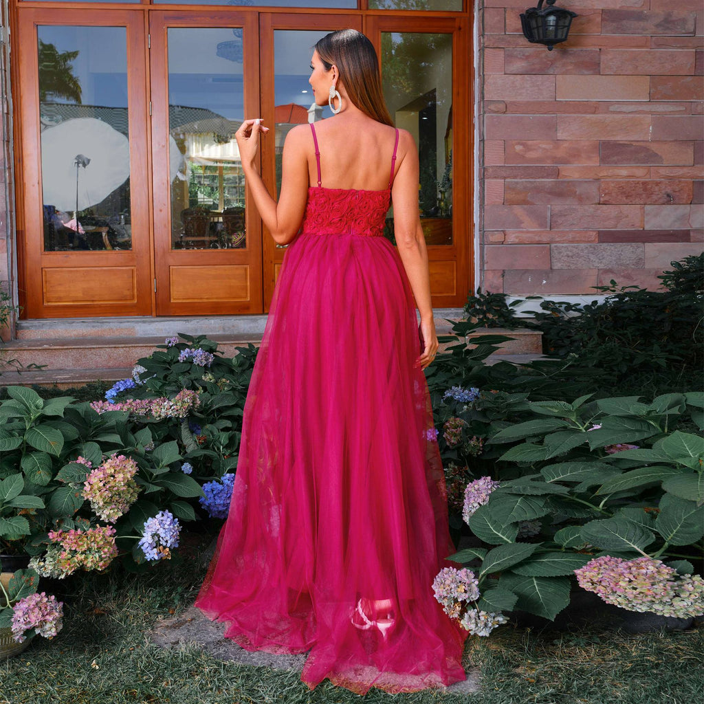 Women's Burgundy Mesh Spaghetti Strap Evening Dress