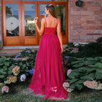 Women's Burgundy Mesh Spaghetti Strap Evening Dress