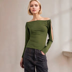 Women's off Shoulder Long Sleeve Hollow Out Cutout out Twist Cuff Design Knitted Slim Top