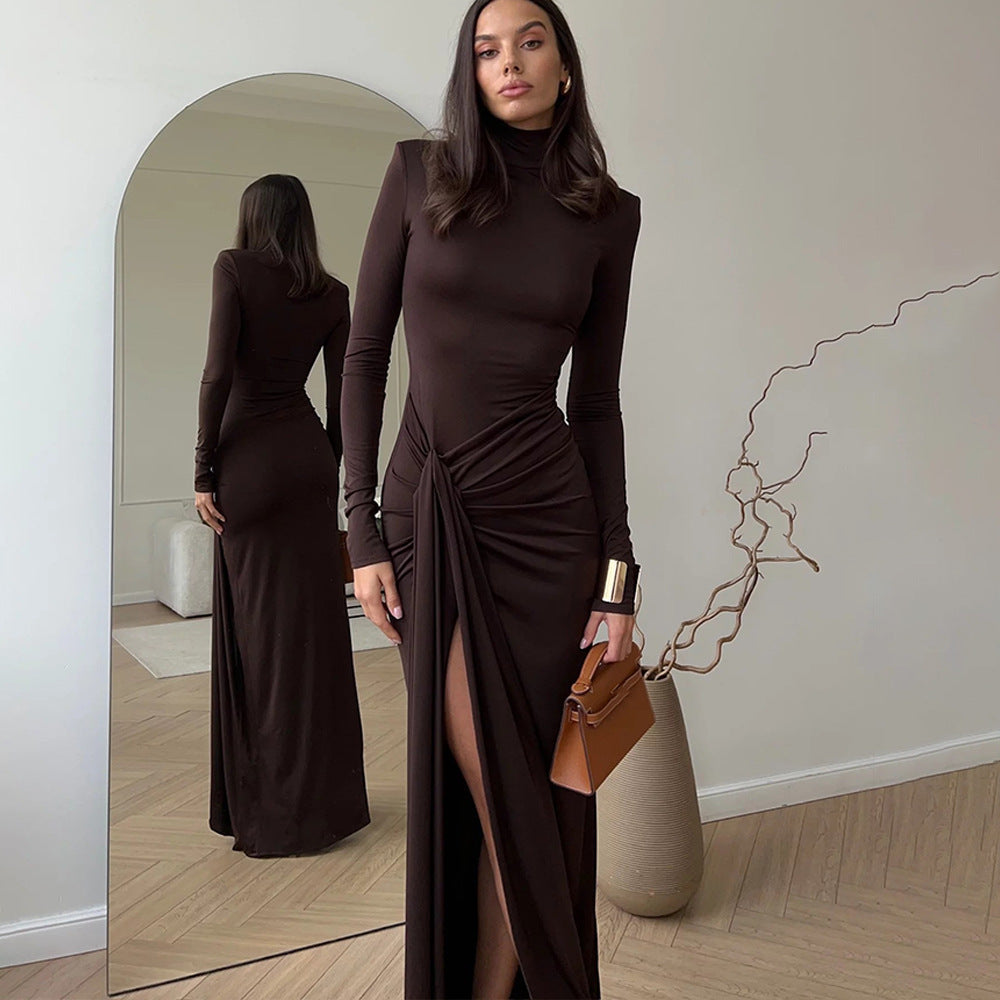Women's High-Neck Asymmetric Split Long-Sleeve Maxi Dress
