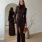 Women's High-Neck Asymmetric Split Long-Sleeve Maxi Dress