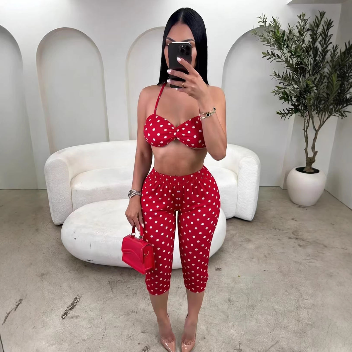 Print Camisole Waist Hip Lifting 7 Pants Two-Piece Set