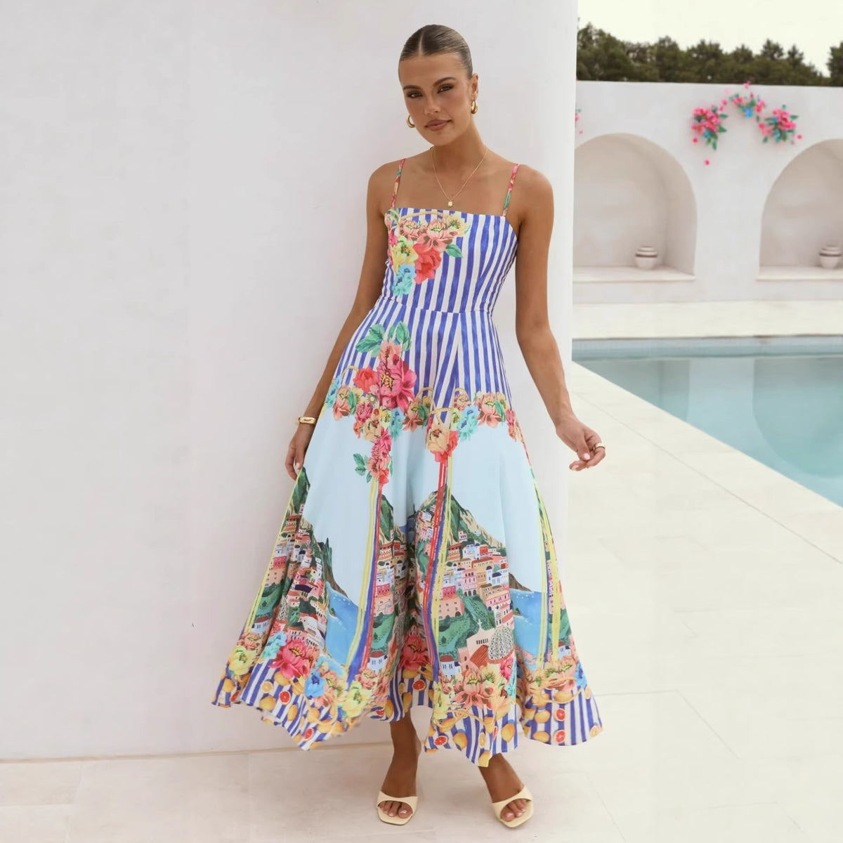 Floral Stripe Spaghetti-Strap Maxi Dress