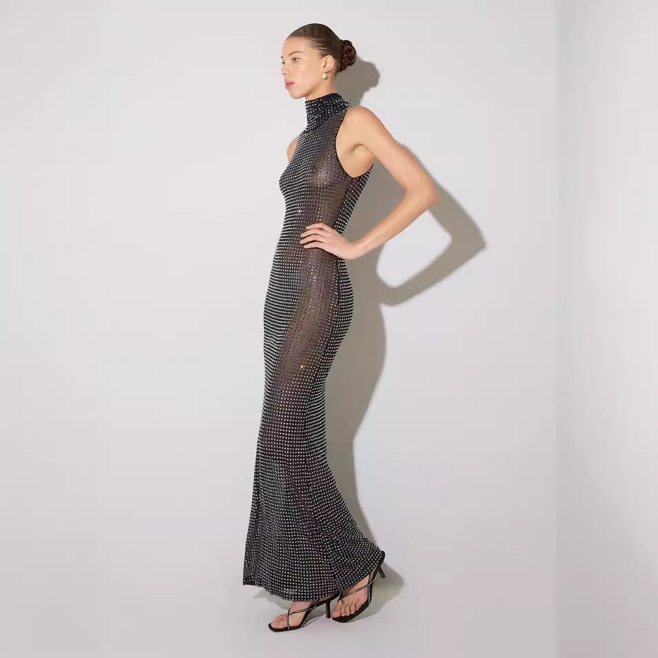 Women's Summer Sexy Sheer Cutout Maxi Dress Mesh Rhinestone Sleeveless Maxi Dress Women