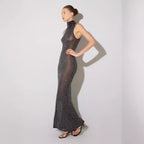Women's Summer Sexy Sheer Cutout Maxi Dress Mesh Rhinestone Sleeveless Maxi Dress Women