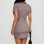 Women's Clothing Summe Striped Round Neck T Shirt Split Hip Skirt Outfitr