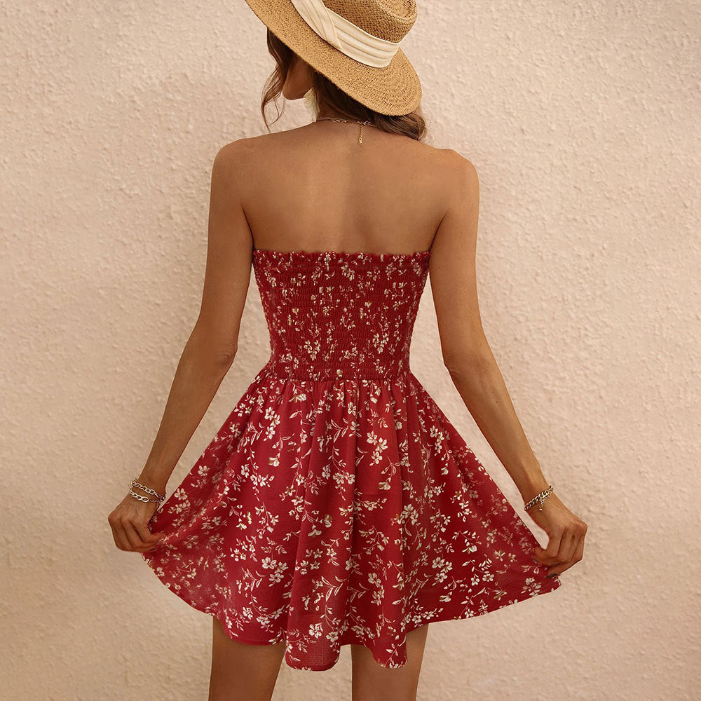 Women's Waist Floral Strapless Dress Design Cami Dress for