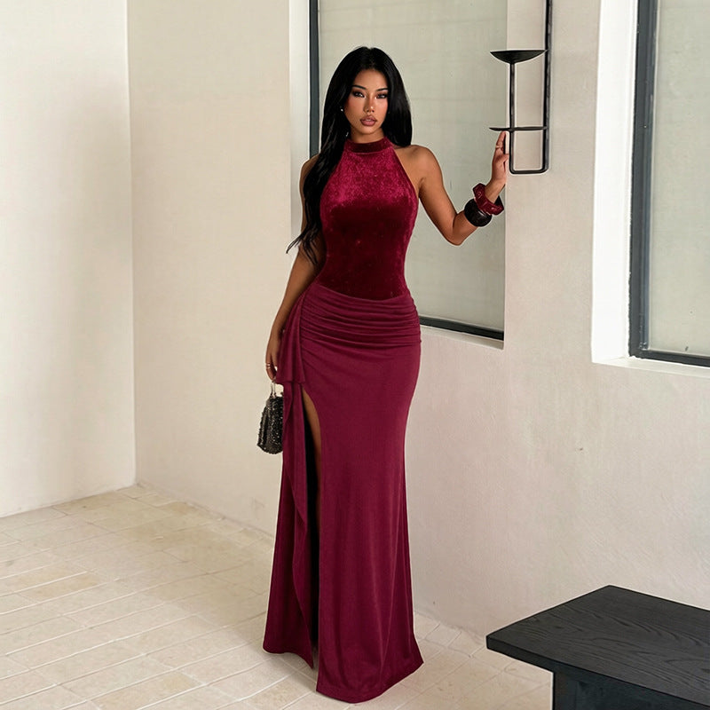 Women's Halter Velvet Sequin Maxi Dress