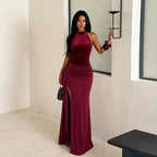 Women's Halter Velvet Sequin Maxi Dress