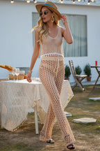 Women Solid Color Hand Crocheting Sexy Cutout Loose Wide Leg Pants Casual Women Woven Trousers