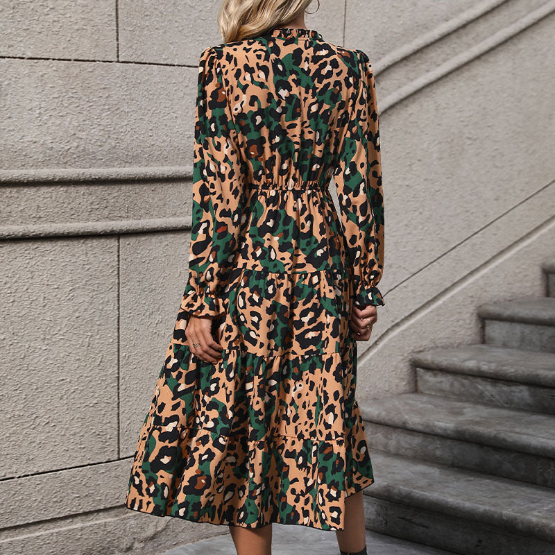 Leopard Print Long Sleeve Midi Dress