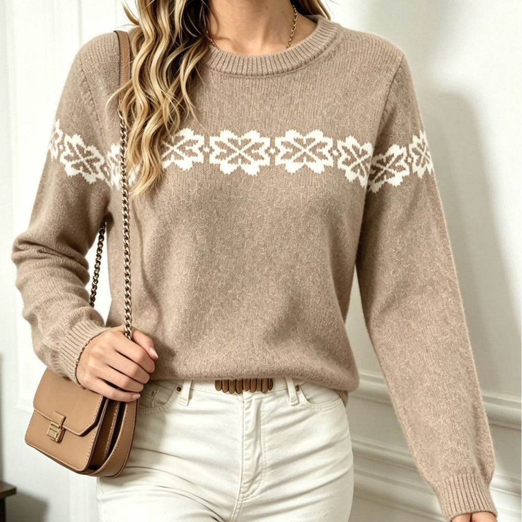Round Neck Jacquard Sweater Women Autumn Winter Loose