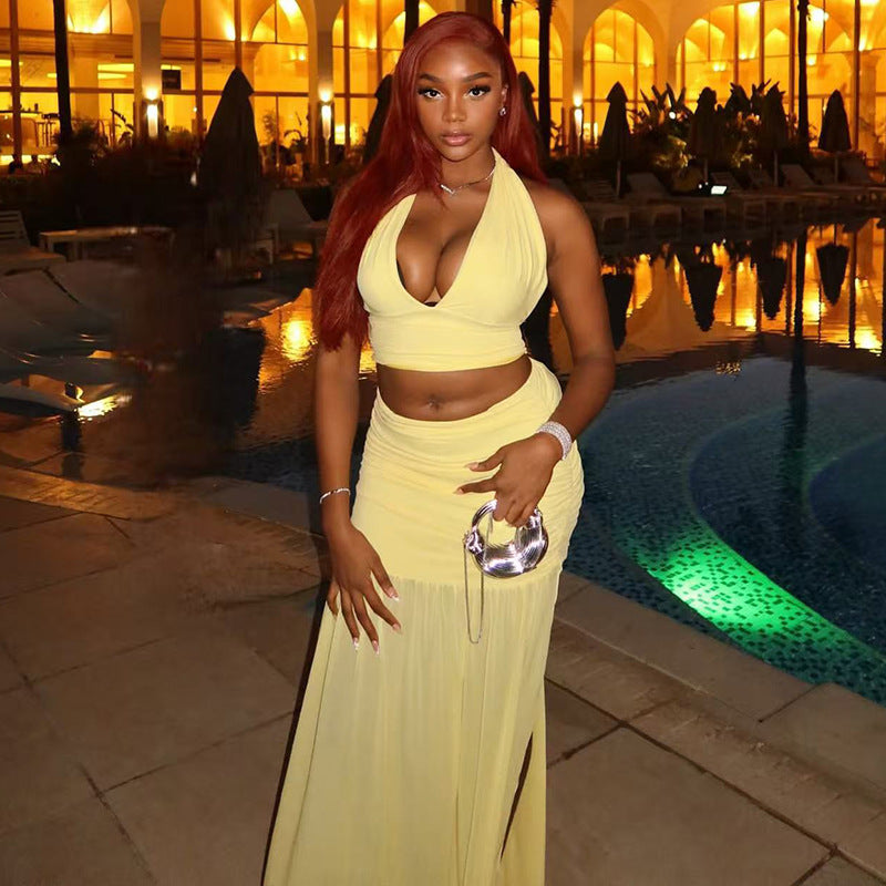 's Solid Color V Neck Sleeveless Skirt Set Halter Package Hip Cropped