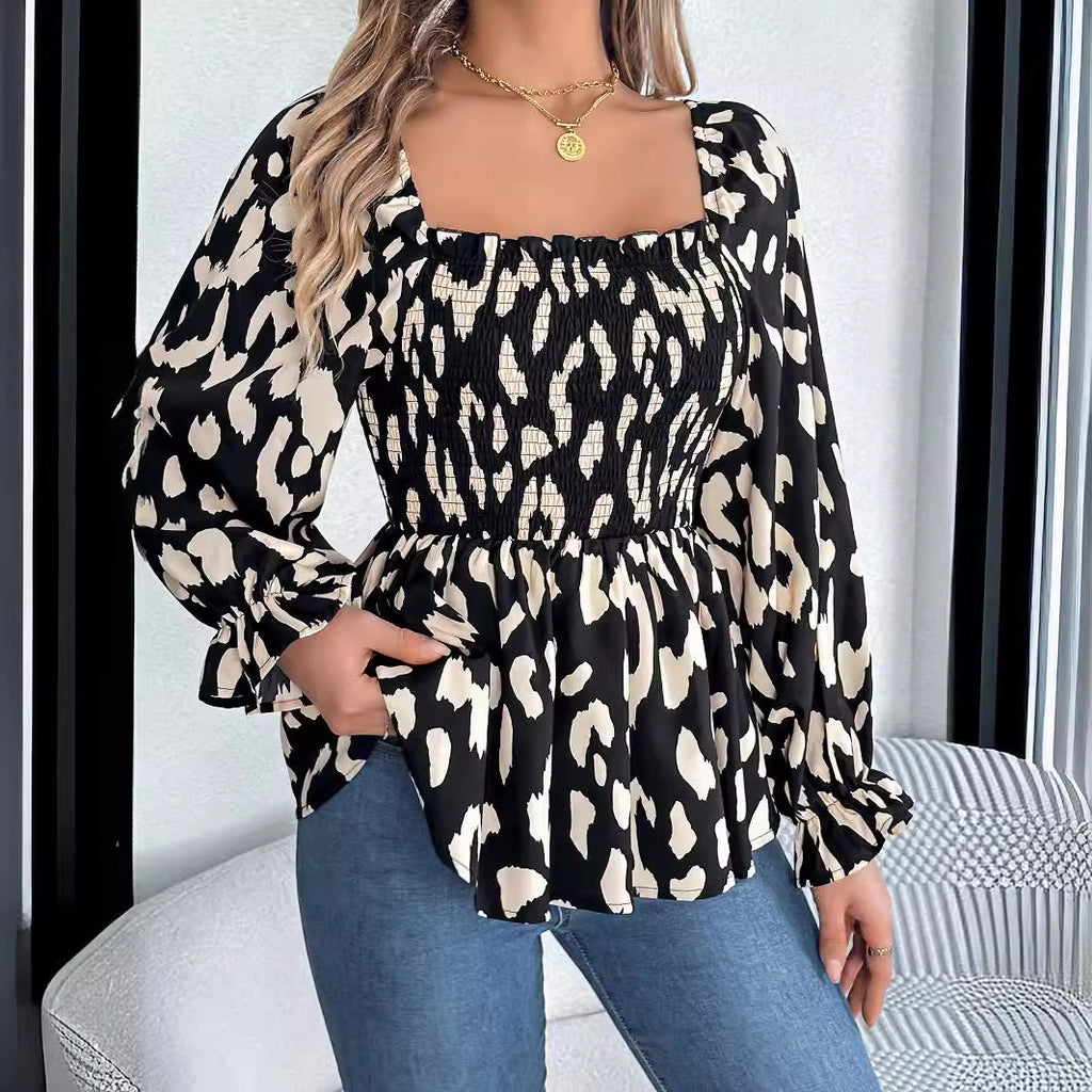 Women's Real Shot Autumn Winter Casual Wooden Ear Square Collar Leopard Print Long Sleeve Chiffon Shirt Women Clothing
