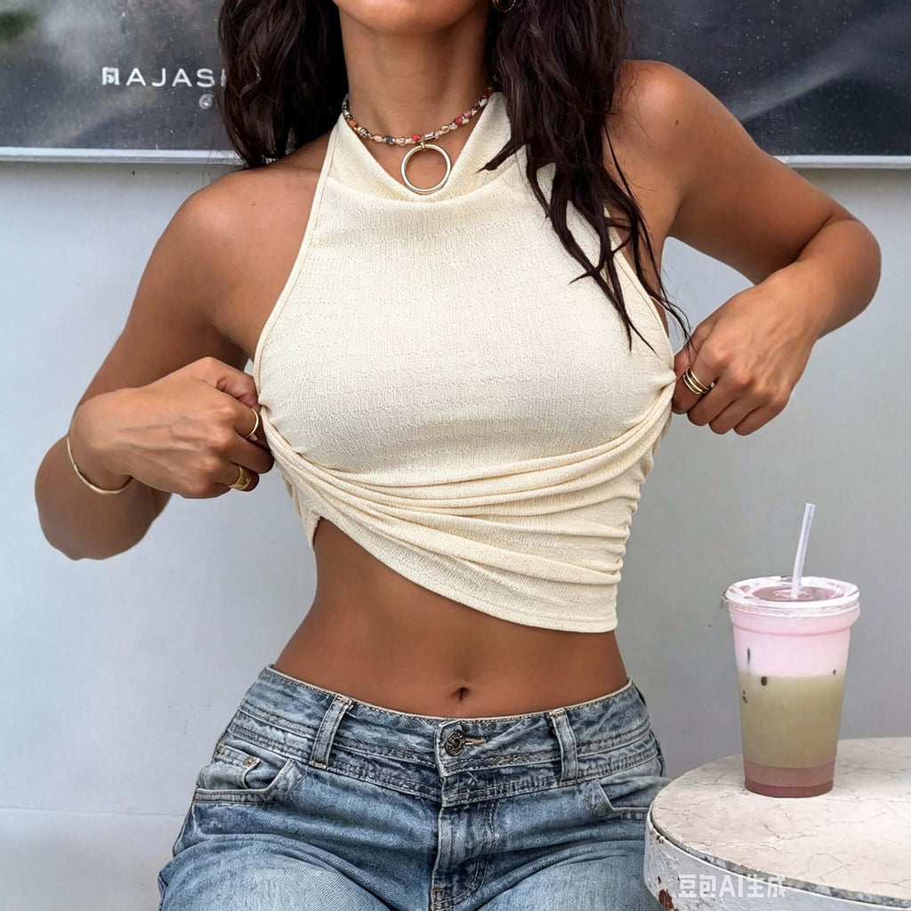Textured Mock Neck Halterneck Vest For Women Waist Cinching