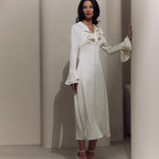 Ruffled V-Neck Bell-Sleeve Dress