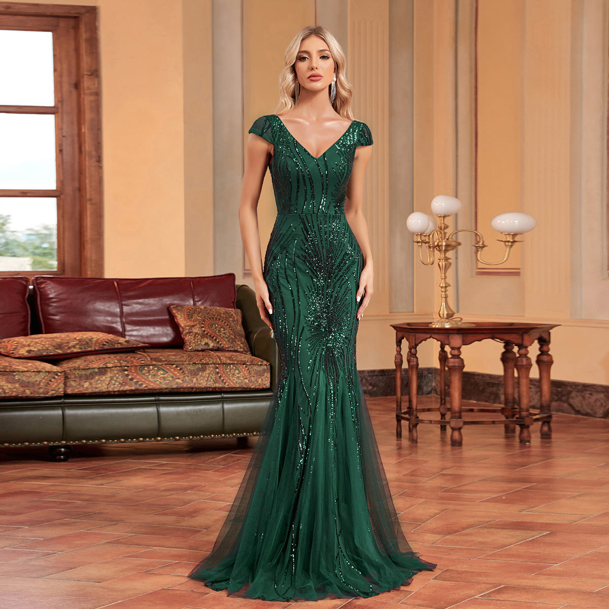 Women's V-Neck Sequin Backless Fishtail Maxi Dress