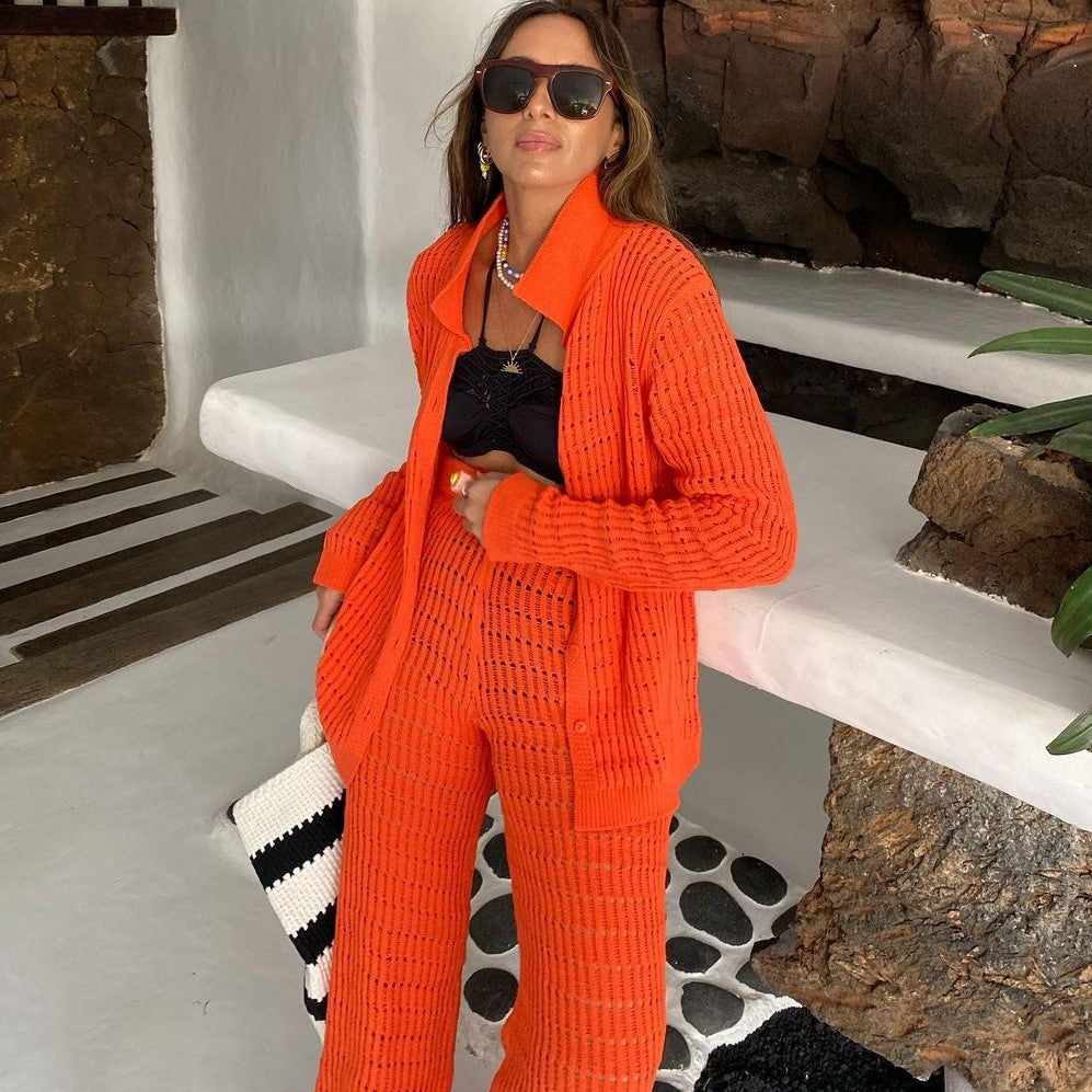 Clothes Solid Color Straight Leg Pants Knit Two-Piece Set