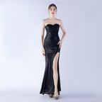 Women's Embellished Shrink Fold Wrinkle Simple Retro Strapless Evening Dress