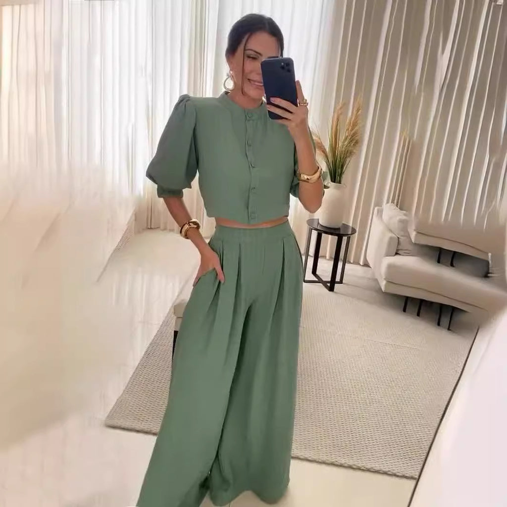 Striped Half-Sleeve Top & Trousers Set