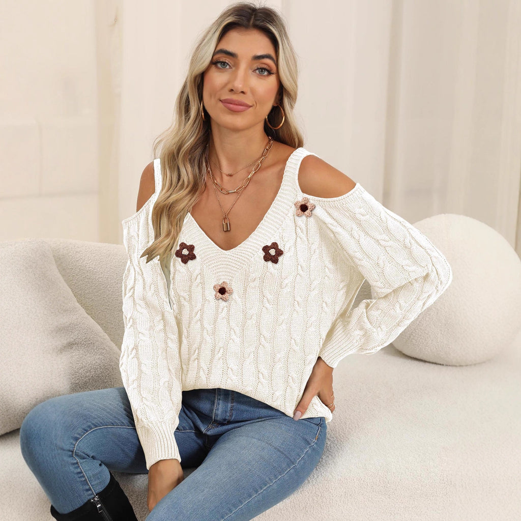 Women off the Shoulder Strap Sweater Crocheted Three Dimensional Decoration Deep V Plunge Twist Woven Cover Sweater